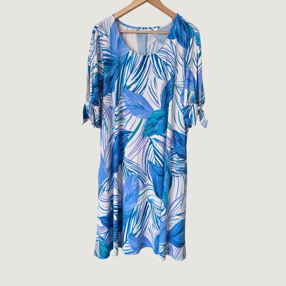 Susan Graver Liquid Knit Tropical Palm Midi Dress Blue Tie Sleeve Womens XL